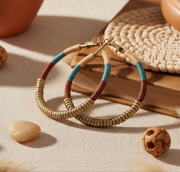 π Handmade Colorblock Golden Beaded Hoops Indian Artisan Boho Chic Trendy Style - Picture 13 of 13